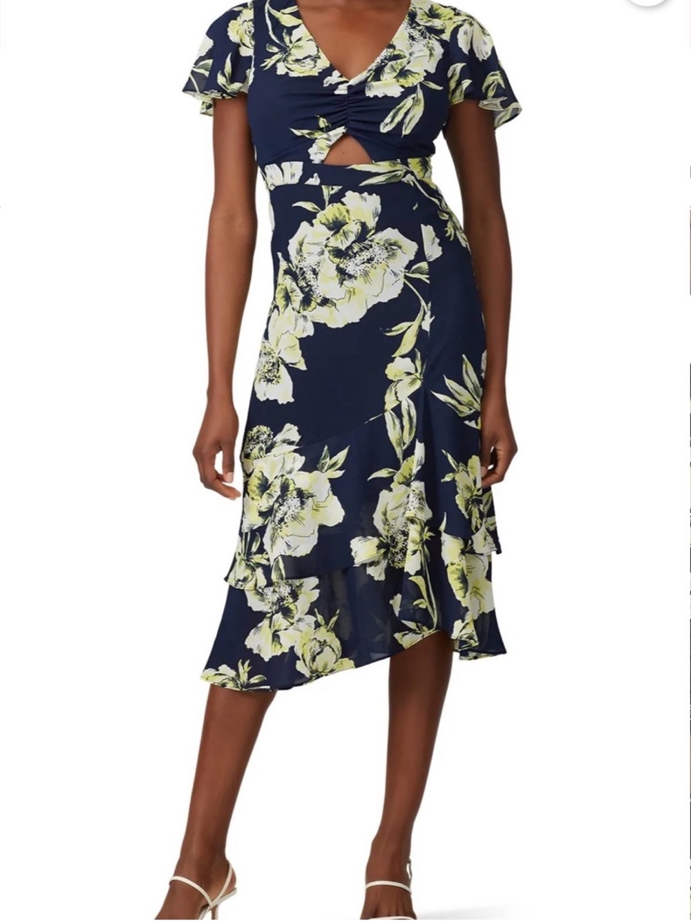 Great Jones Chic Cottagecore Navy Floral V-Neck Ruffle Cutout Midi Dress Size 6